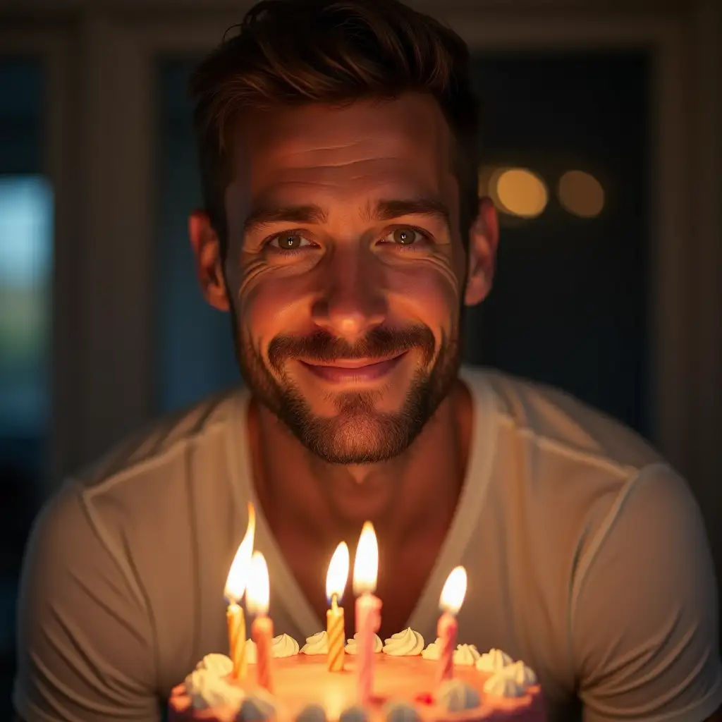 Make a fun photorealistic greeting card for a 42nd birthday, clean-shaven man with visible eyes, he is with the cake and candles