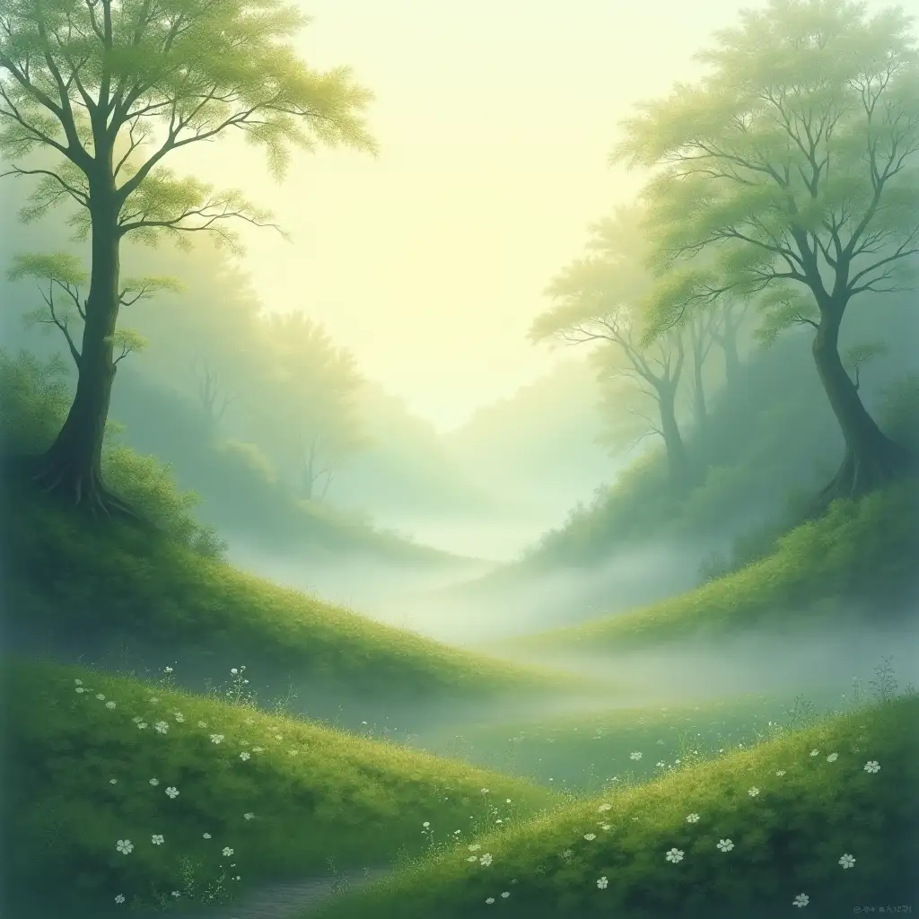 A serene valley at dawn, rendered in the tranquil style of Kaii Higashiyama. Soft morning mist flows gently over mossy ground and dew-laden leaves, blending into the delicate contours of distant trees. The color palette features muted greens, whites, and soft golden light, evoking a sense of stillness and mystery.