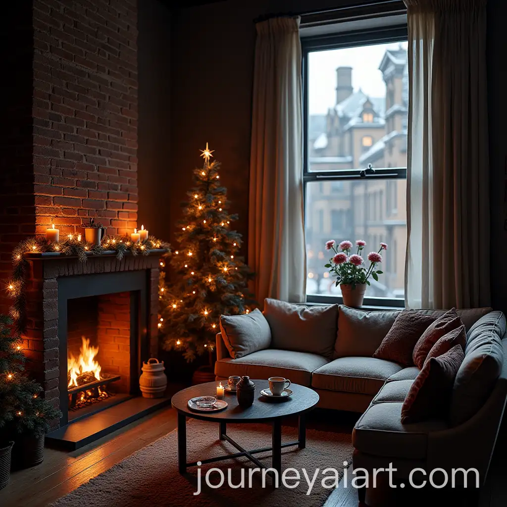 Cozy-Loft-with-Victorian-Window-and-Christmas-Tree-Snowy-Cityscape-View