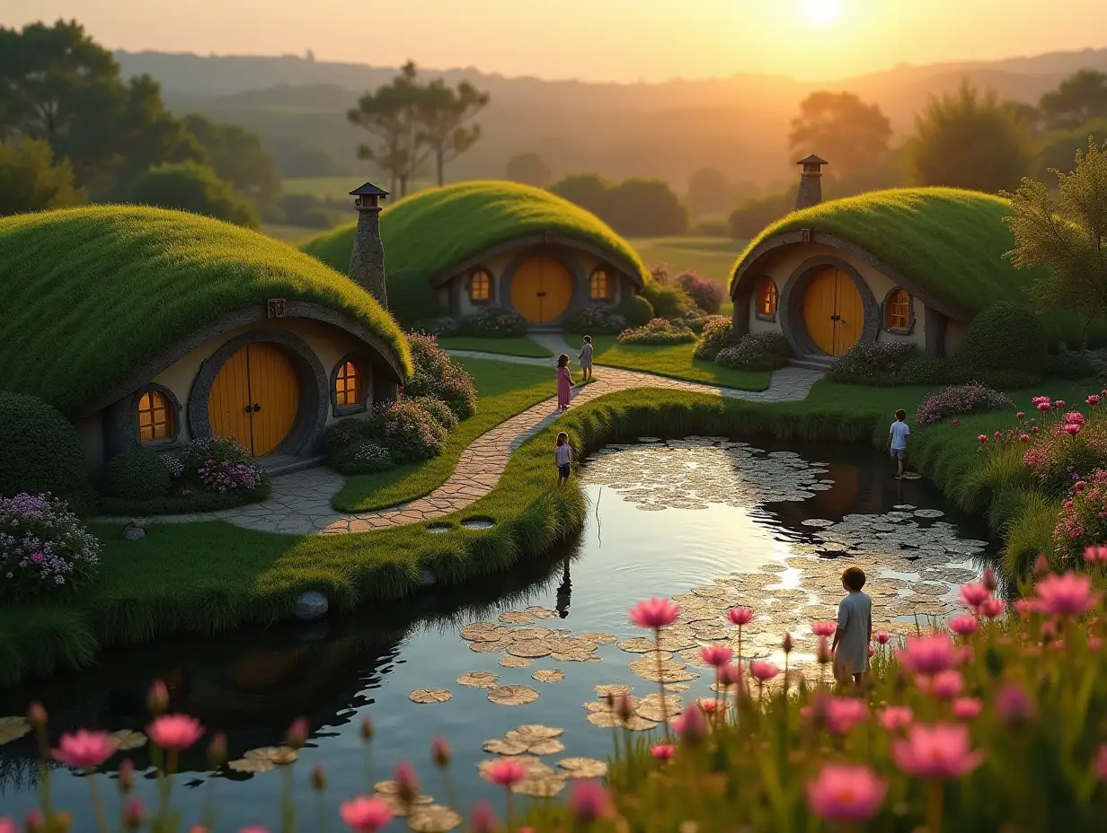 the foreground is in focus, and the background is blurred in the Gaussian style - a bird's-eye view of 3 hobbit houses located in a single flat hill with grass with round doors and windows, these hobbit houses face the shore of a large pond with large pink water lilies and are located 100 meters from this pond, and on the edge of the shore near the water, a man and a woman with a child are playing, on the other side of the pond with large pink water lilies, children and other people are walking and playing by the water, it is a sunset sunny evening and it is getting dark and there is a lot of sunset sunlight