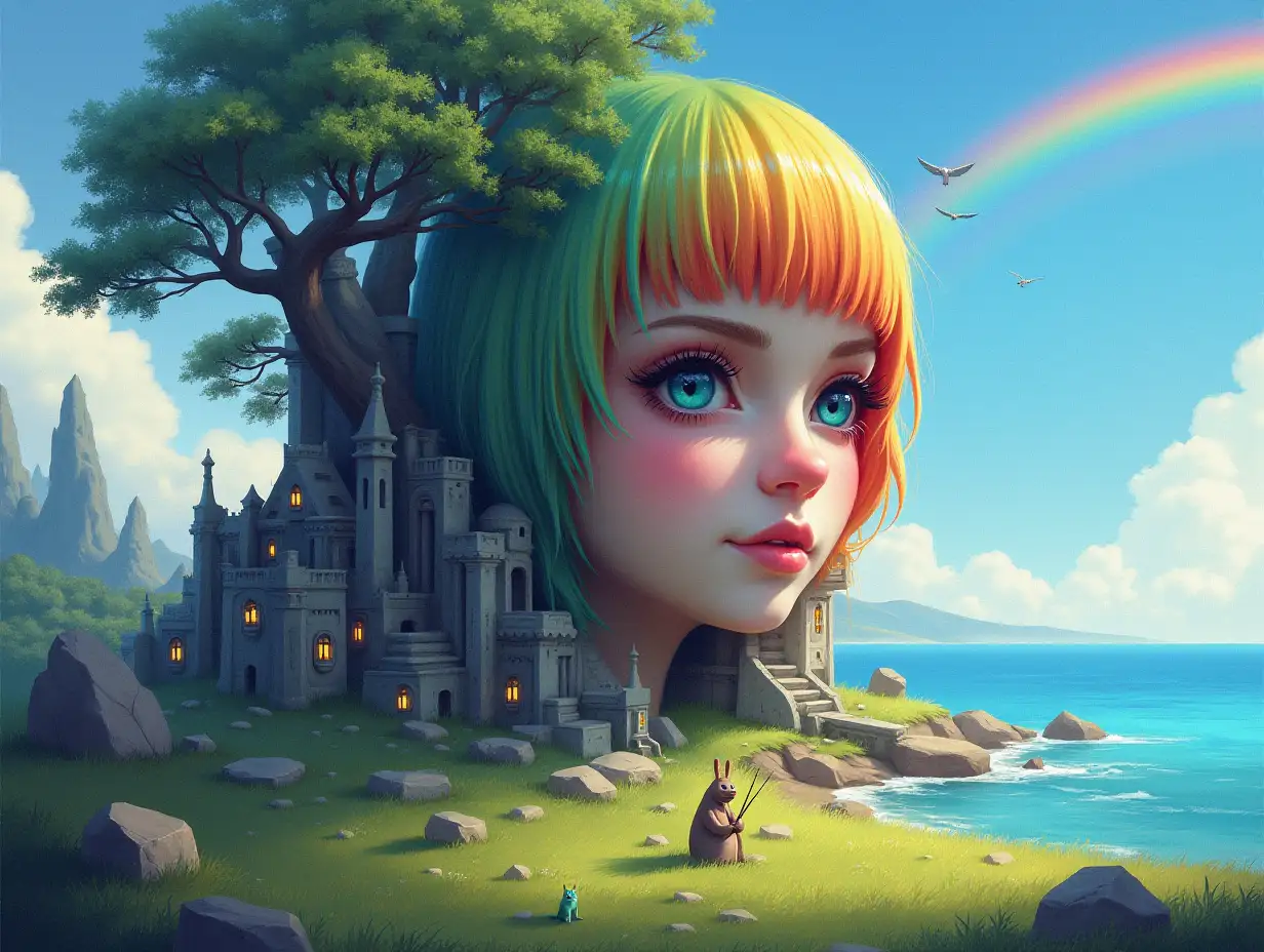 Creating a digital painting transforms a face with rainbow hair into a building with stones and trees with roots and rocks and lanterns by the sea, alien creatures on a meadow with a rainbow-blue sky