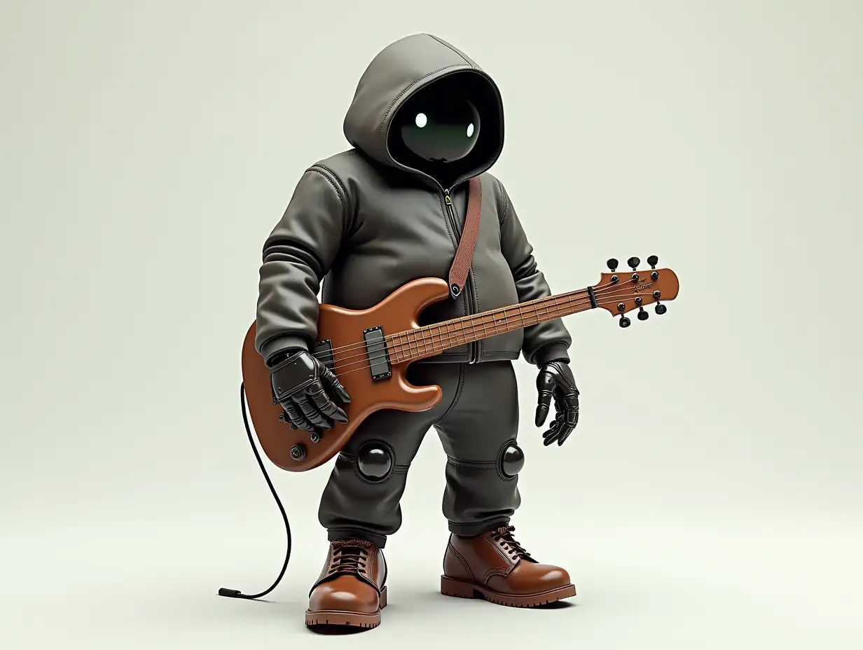 Create a high-resolution, realistic image of a robot with a thick body, brown leather shoes and a fashionable tracksuit, holding a guitar and wearing a hood in 4K resolution