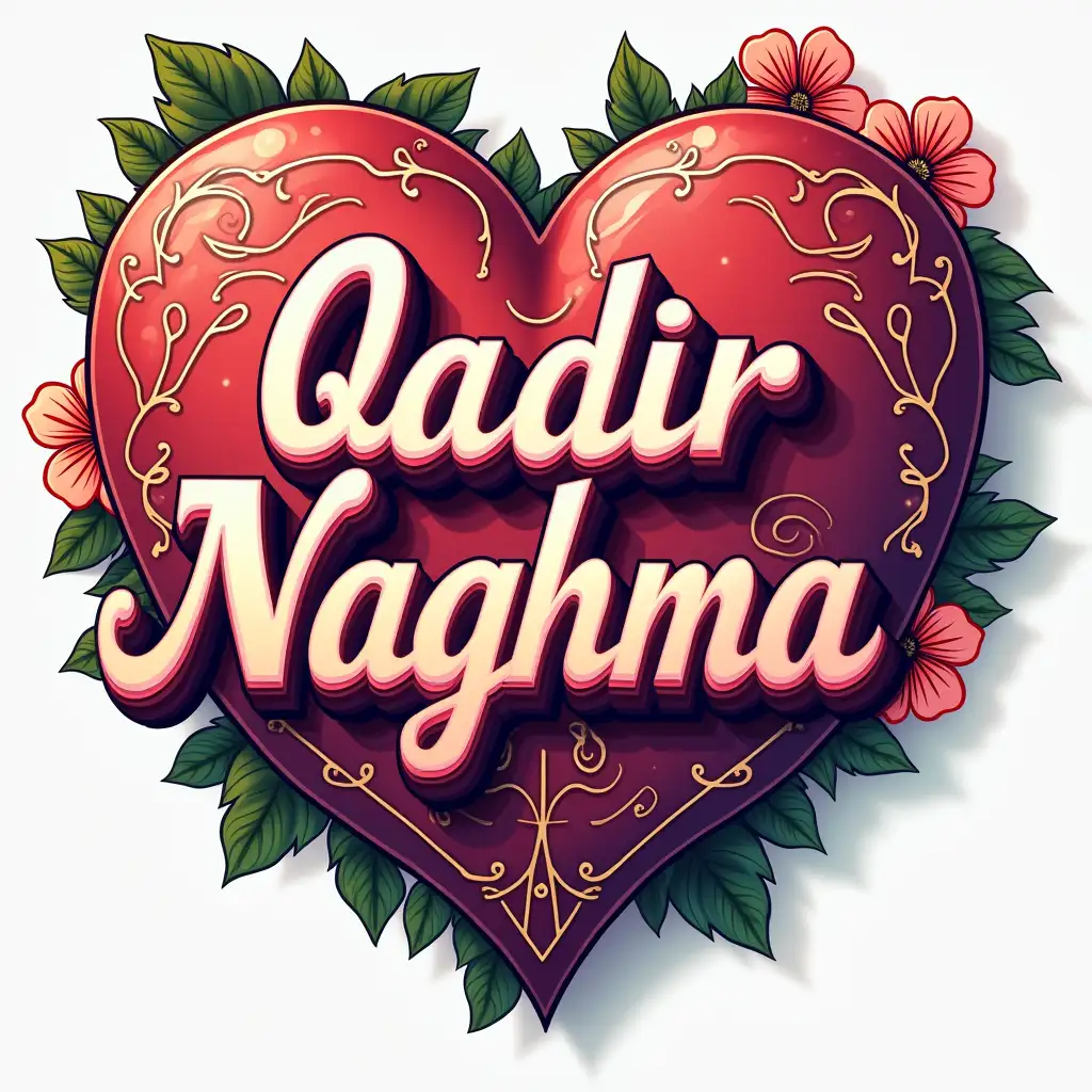 I want a logo with the name Qadir Naghma in a 70's style 3D and colourful. Heart and flowers in background