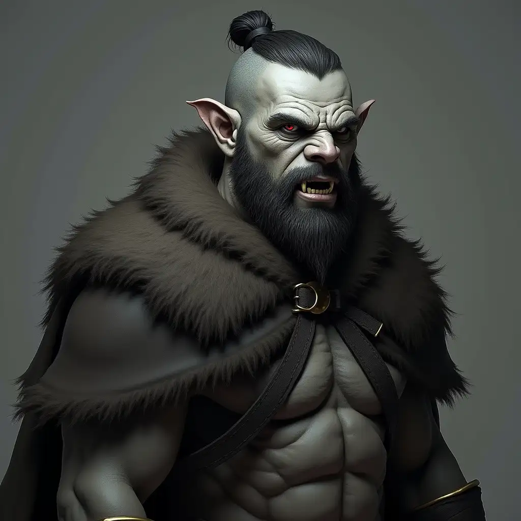 Half-orc barbarian bounty hunter with grey skin, flat forehead, jutting jaw, protruding fangs, hair on head gathered in a bun at the back and sides shaved, ears pointed like an elf, thick beard, dressed in a cape made of bearskin, sinewy body, photo portrait, slightly reminiscent of a bear