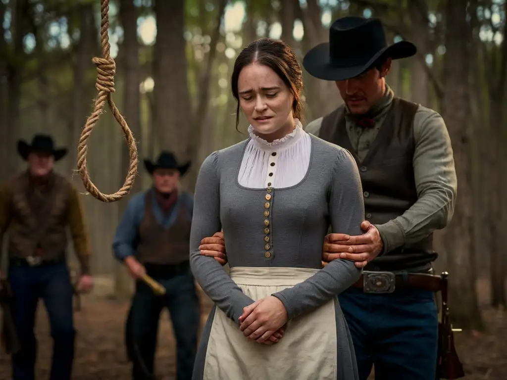 Sad Woman in 1800s Texas Forest with Cowboy Escort and Hanging Noose