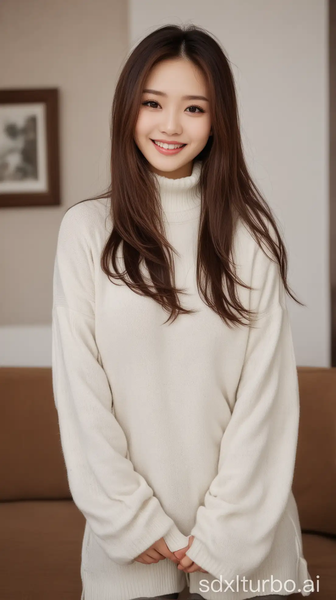 Chinese-Beauty-with-Brown-Long-Hair-Smiling-in-Winter-Living-Room