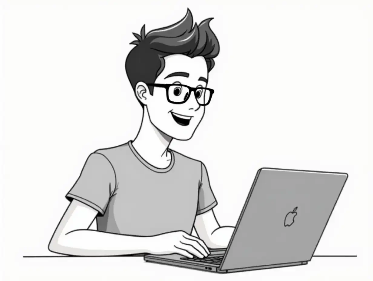 A young man in glasses with a laptop. Drawing style