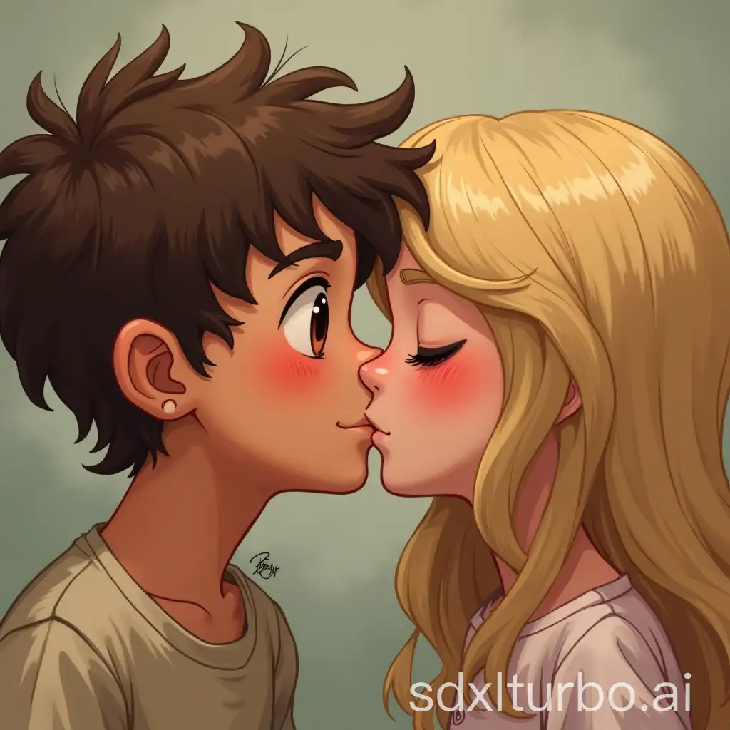 A boy with brown hair and eyes kissing a pretty blonde girl