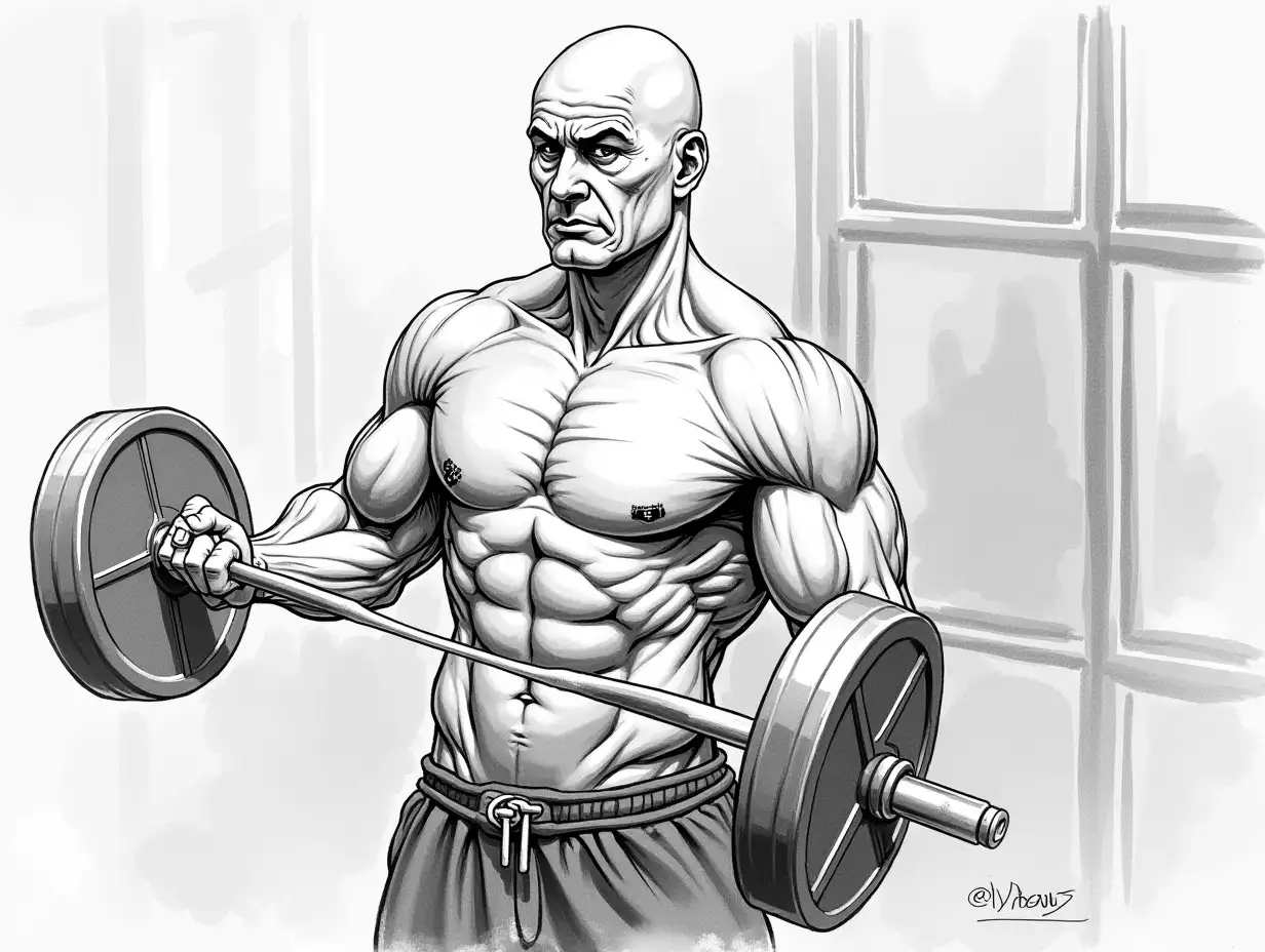 40 year old asian bald man doing gym, black and white drawing