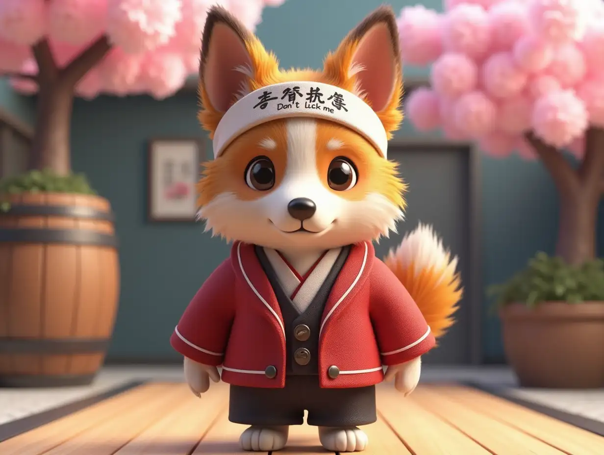 A highly imaginative and humorous 3D render of a Shetland Sheepdog dressed in a Japanese schoolboy uniform, complete with a hachimaki headband. The hachimaki has 'Don't lick me' written on it in Japanese characters. The dog's facial expression is adorably serious, and its ears and tail are perfectly rendered in the mascot style. The background is a simplified Japanese school setting, with cherry blossoms in bloom and a sake barrel in the corner, adding to the whimsical atmosphere.