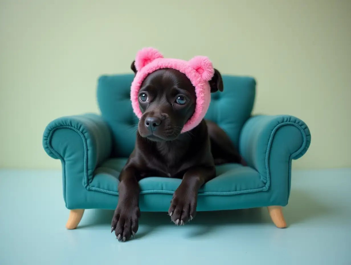 Black-Small-Dog-Resting-on-BlueGreen-Sofa-with-Pink-Unlucky-Bear-Headband