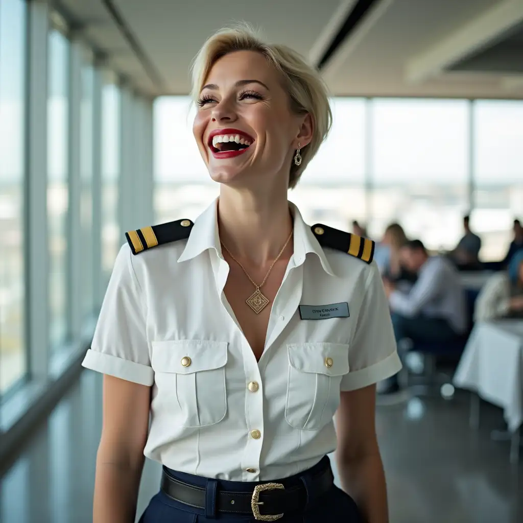 white norvegian pilot lady, in white deep-necked pilot shirt, laughing with her mouth open, red lipstick accentuating her smile,belt on waist, big wide hips, chest are fully grown, jewerly, short hair, HD, enjoing at airport , photo-realism