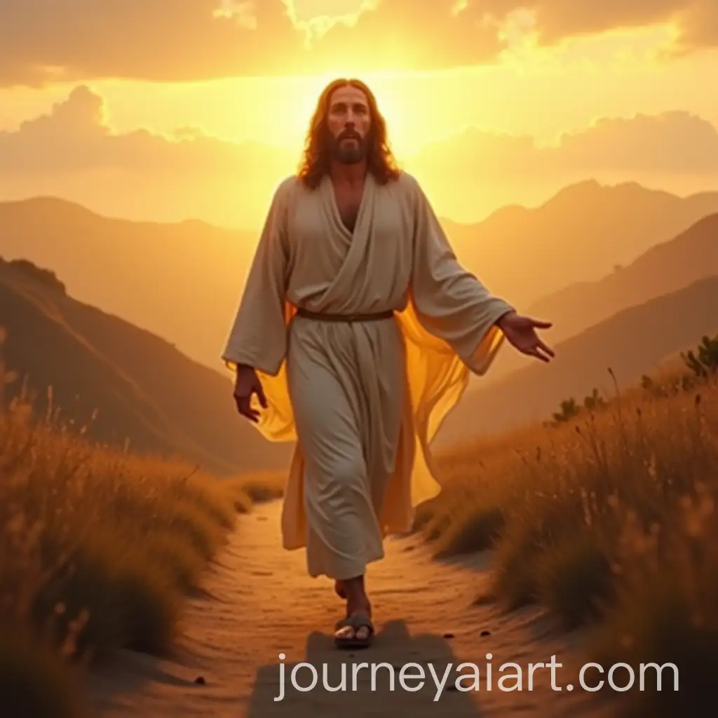 Jesus-Walking-Through-Serene-Landscape-at-Sunset-Evoking-Peace-and-Hope