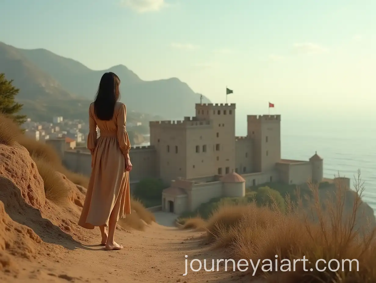 CinematicAI-Art-Prompt-Expansion-Landscape-of-Peiscola-Castle-with-Mysterious-Asian-Figure-in-Cottage-Core-Dress