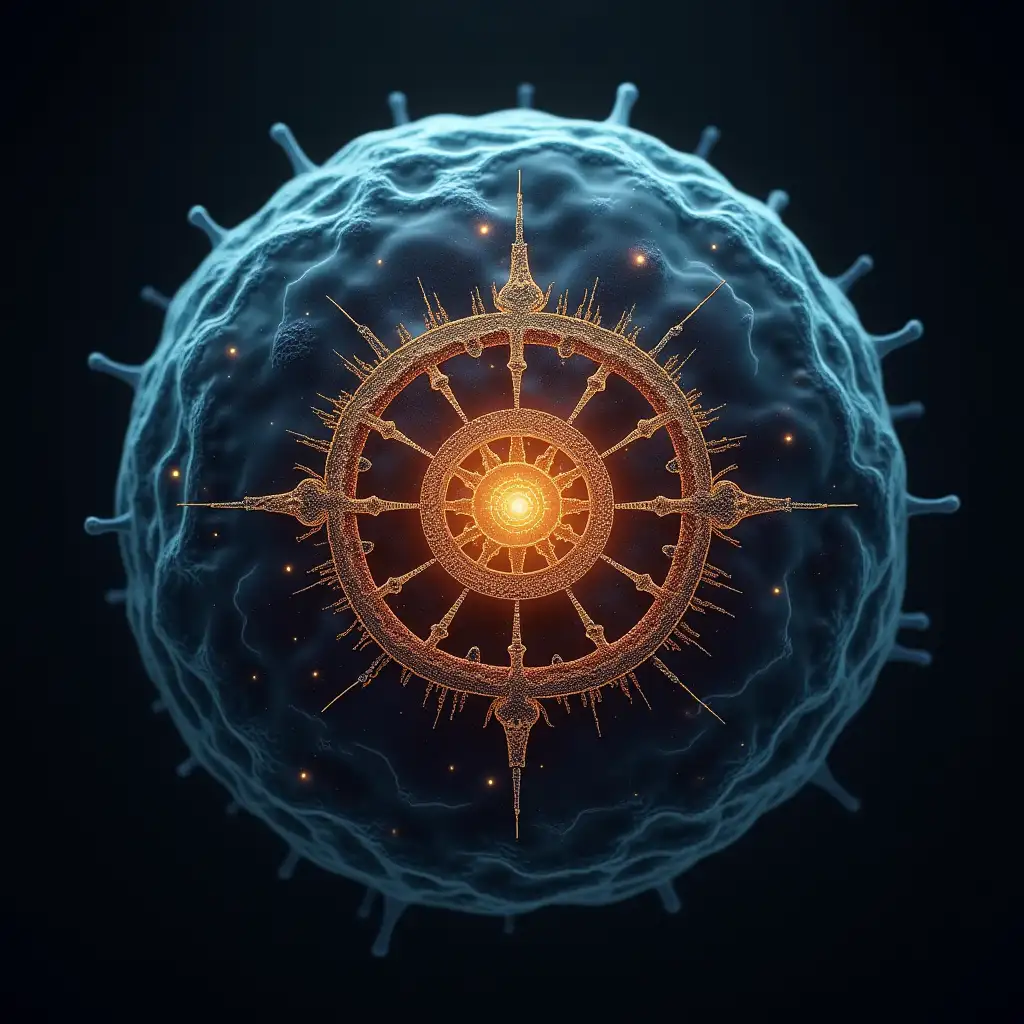 Create an image of a human cell with a ancient sacred symbol on it