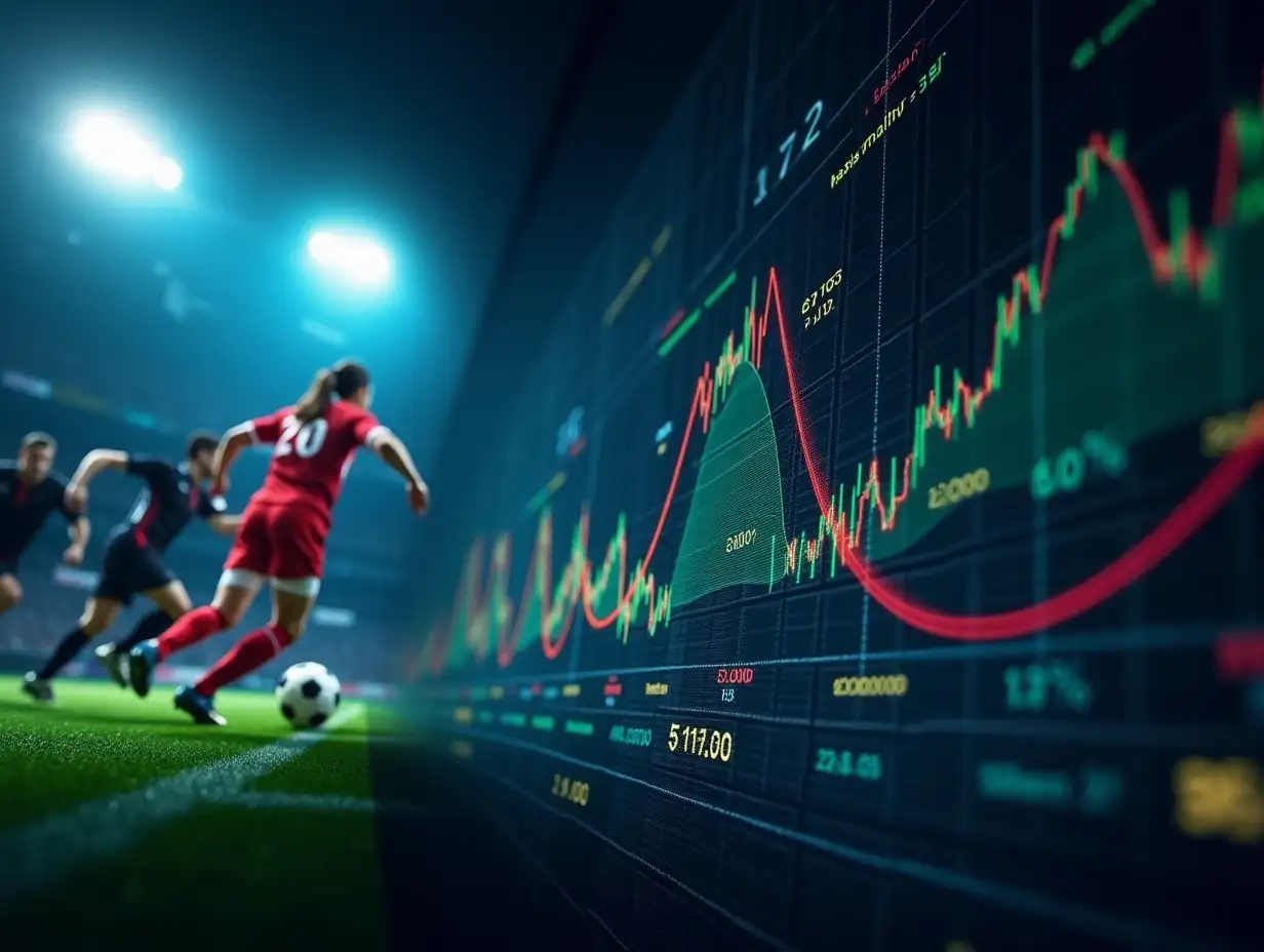 A dynamic 1280x720 pixel sports betting visualization featuring a split-screen composition. On the left side, show a dramatic football/soccer moment with players in action under stadium lights. On the right side, display multiple colorful betting graphs and charts showing variance - red downward trends representing losing streaks, green upward trends for winning streaks. Include a large roller coaster-like line graph in the center showing bankroll fluctuations. Add floating mathematical symbols and percentage numbers. Use a dark blue background with glowing neon elements. The overall mood should be dramatic and intense, with sharp contrasts. Style: Modern digital art with elements of financial data visualization. Include small soccer ball icons integrated into the chart points. Key colors: Blue, green, red, white, and gold accents. Add subtle motion blur effects to emphasize the dynamic nature of variance in betting