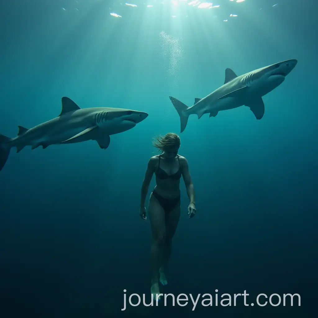 Woman-Swimming-with-Sharks-in-Crystal-Clear-Ocean-Waters