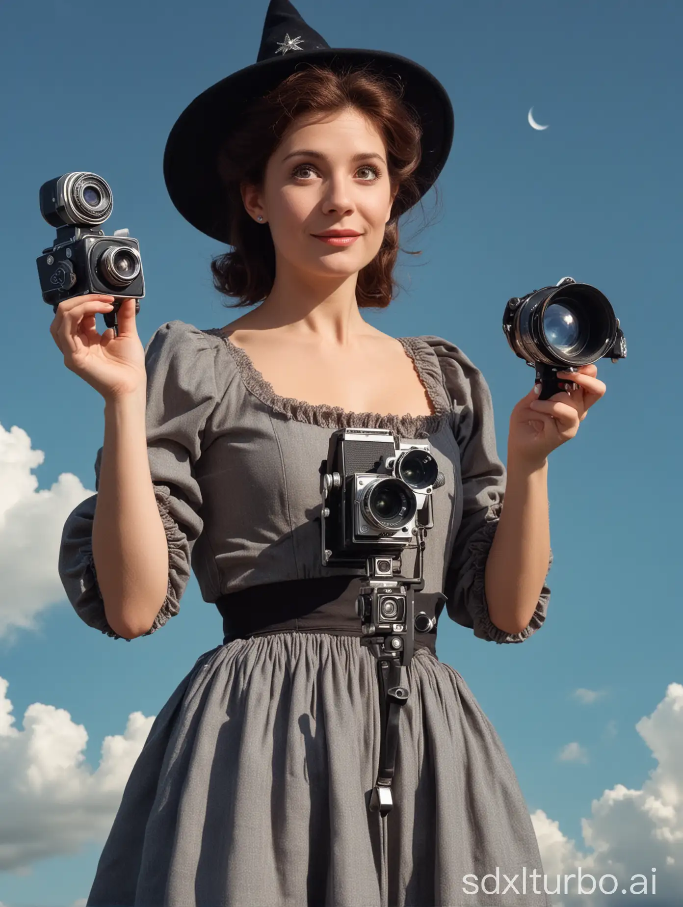 A good witch with a small movie camera in front of the sky holding it in her hands