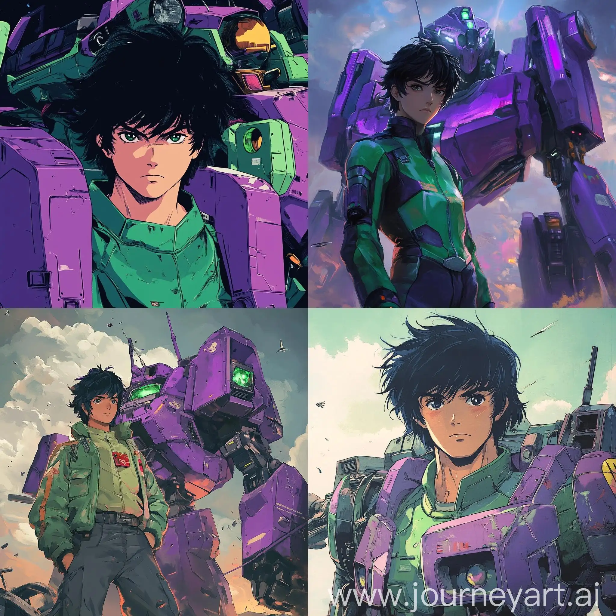 80s-Anime-Art-Young-Man-with-Black-Hair-and-Purple-Green-Mech