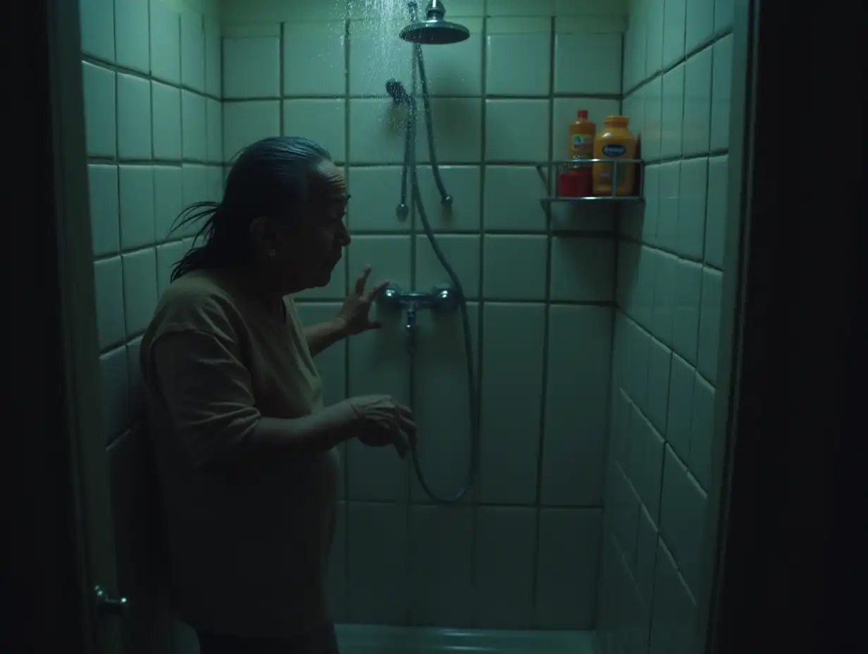 An elderly Asian woman slipping and falling in the bathroom while taking a shower. The scene is dimly lit and moody, with a sense of danger and vulnerability. Water splashes around her as she loses balance, with shampoo bottles falling off the shelf. The bathroom is small and tiled, with steam in the air and a gloomy, dramatic atmosphere.