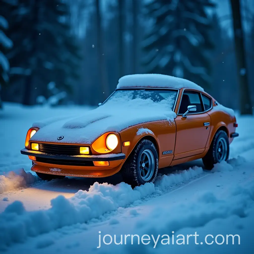 Orange-Datsun-240Z-with-Snow-and-Illuminated-Interior-Lights