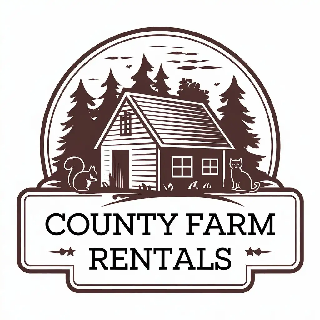 LOGO Design for County Farm Rentals Vector Logo Featuring Cabin Squirrel Goat and Cat