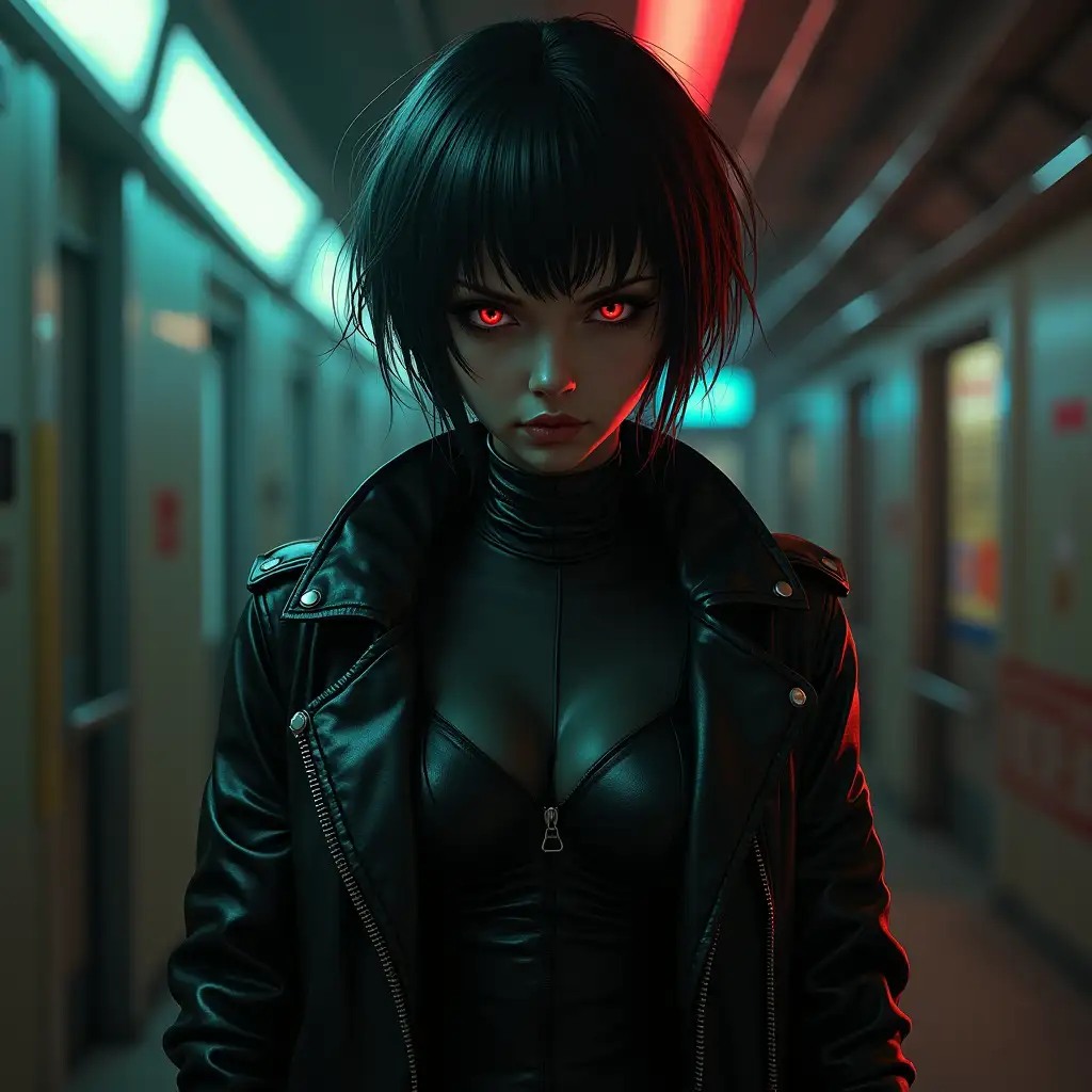 Cyberpunk, russian female thief, slit pupils, short hairs, skintight clothes