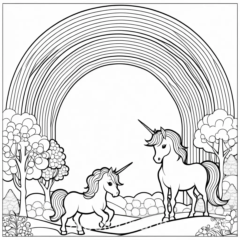 unicorns and a rainbow, Coloring Page, black and white, line art, white background, Simplicity, Ample White Space. The background of the coloring page is plain white to make it easy for young children to color within the lines. The outlines of all the subjects are easy to distinguish, making it simple for kids to color without too much difficulty, Coloring Page, black and white, line art, white background, Simplicity, Ample White Space. The background of the coloring page is plain white to make it easy for young children to color within the lines. The outlines of all the subjects are easy to distinguish, making it simple for kids to color without too much difficulty