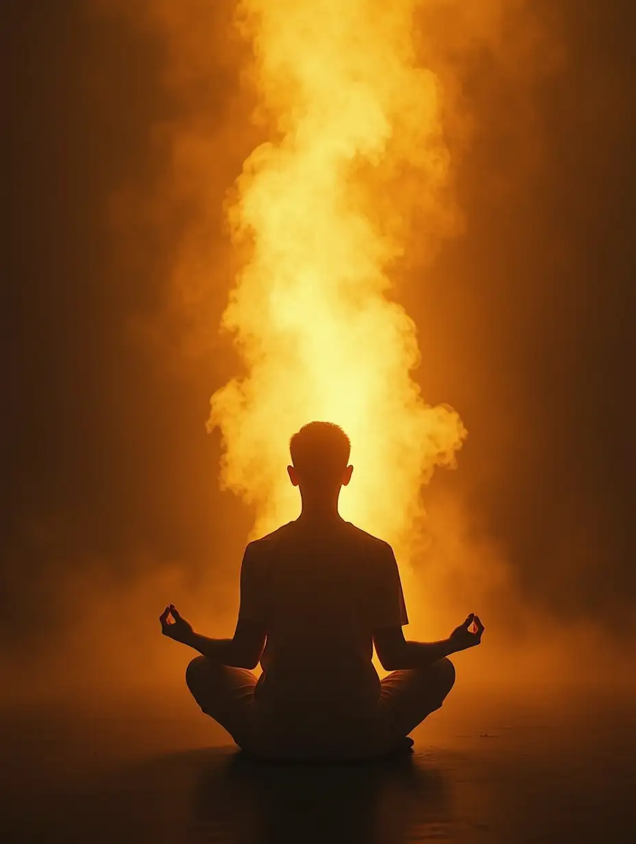 A person sitting in deep meditation while around them, loud and angry voices swirl like dark smoke. A peaceful golden aura surrounds the meditator, showing how silence can dissolve negativity. The background is minimalistic, with warm golden light radiating from within