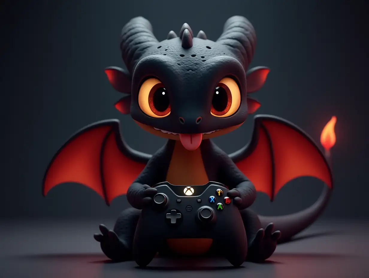 studio shot, Animated Glowing, cute black baby dragon, toung out of his mouth, playing video games with xbox controller, front view