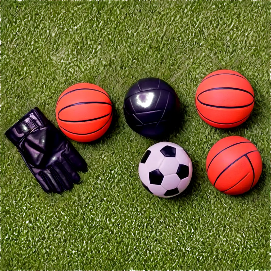 soccer ball, volleyball ball, basketball ball, football gloves. All of this is standing on green grass