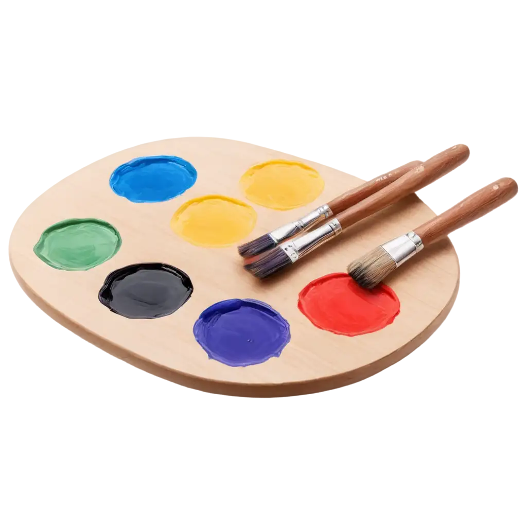 Wooden-Artists-Palette-with-Colorful-Paint-Blobs-and-Brushes-HighQuality-PNG-Image-for-Creative-Projects