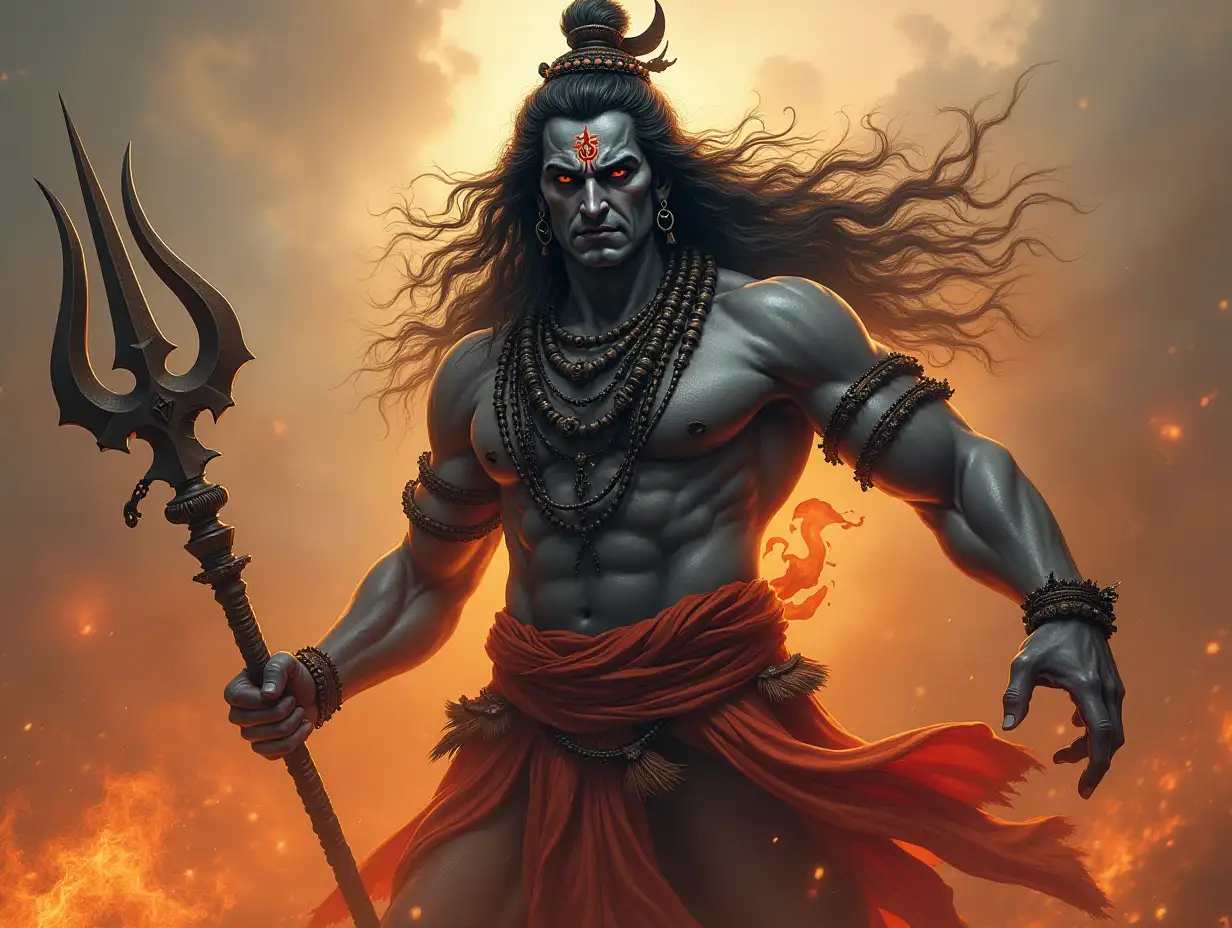 An aggressive depiction of Lord Shiva would emphasize his fierce and powerful aspects, showcasing his might and divine wrath...