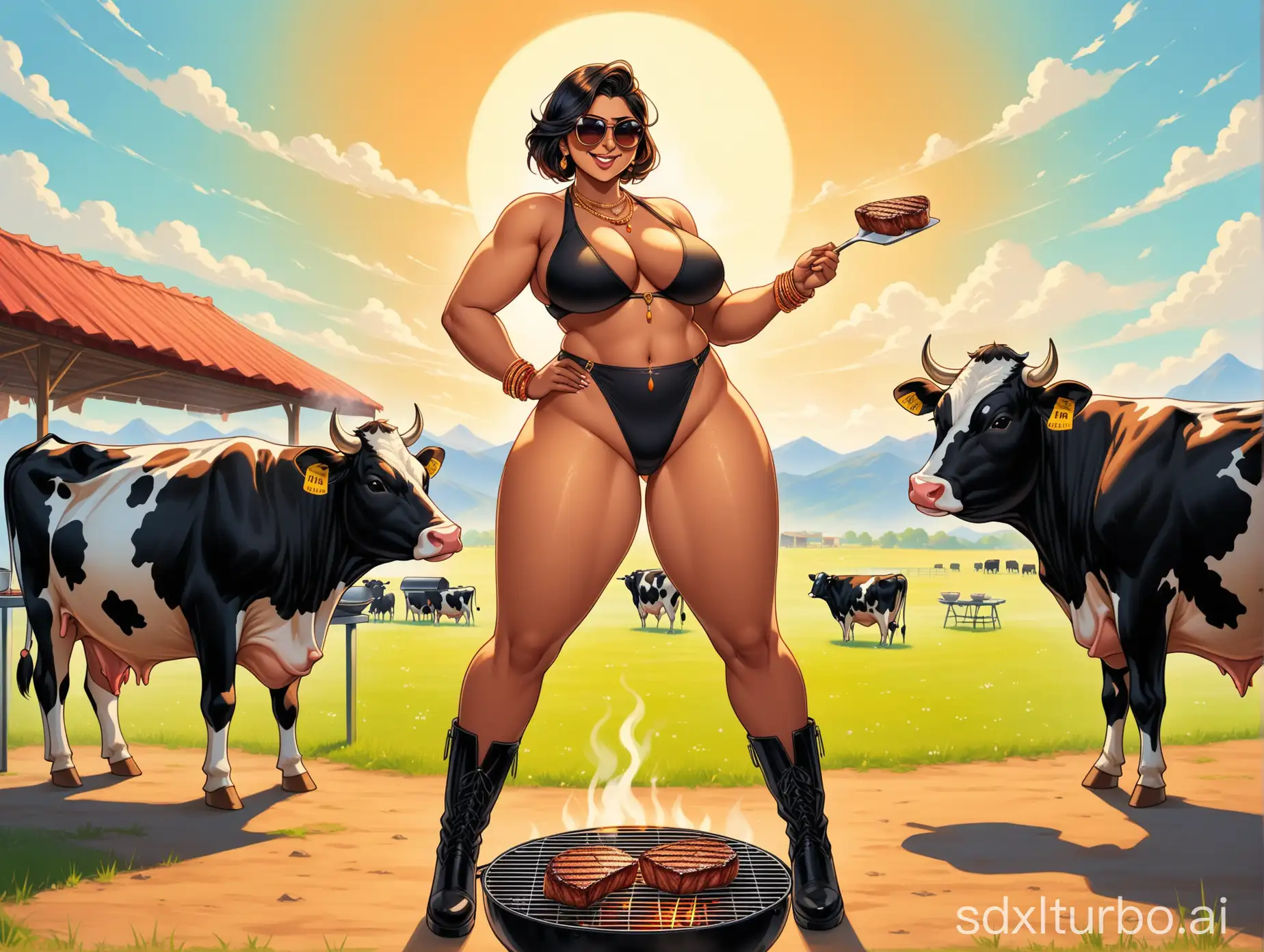 rear view, oil texture, gorgeous, tall, thick, Indian woman, wide hip, thick thighs, wearing high leg panties, wearing jewellery, sunglasses, boots evil smug smile, short hair, cooking steak over a grill, cows grazing