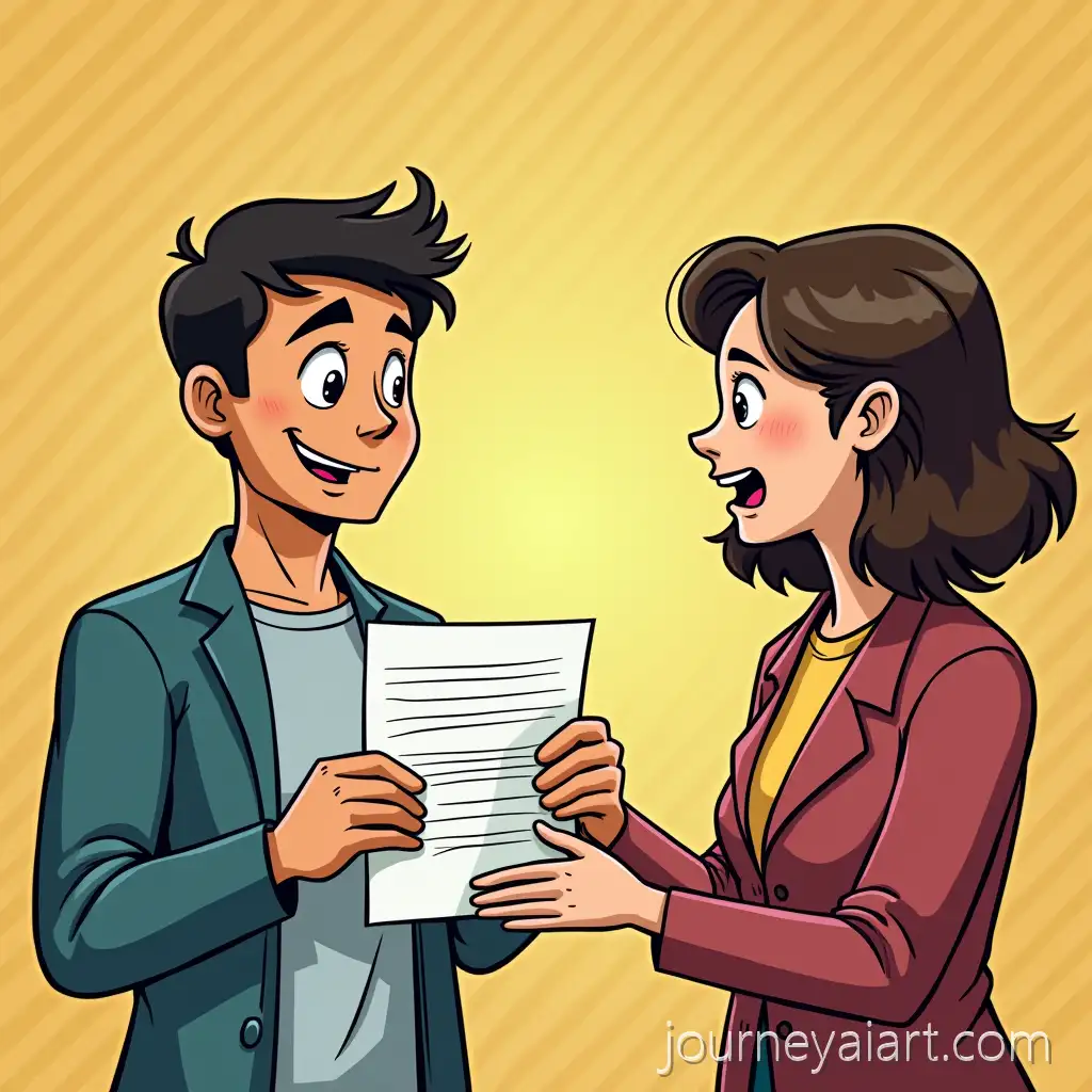 Alex-Handing-a-Rejection-Letter-to-Maya-in-a-Comic-Strip-Style