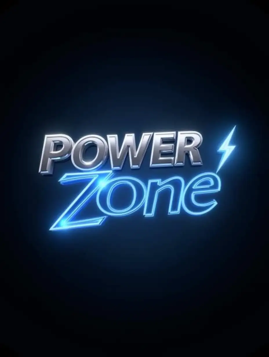 PowerZone, a people and blogs category YouTube channel. The logo should feature bold and dynamic typography with a metallic gradient effect in silver and electric blue to symbolize energy and strength. Incorporate a glowing lightning bolt or a radiant power icon to emphasize vitality and impact. The design should have a sleek and modern aesthetic with realistic textures and light reflections, creating a 3D effect. Use a subtle dark background with glowing accents to make the logo pop and convey a sense of power and inspiration.