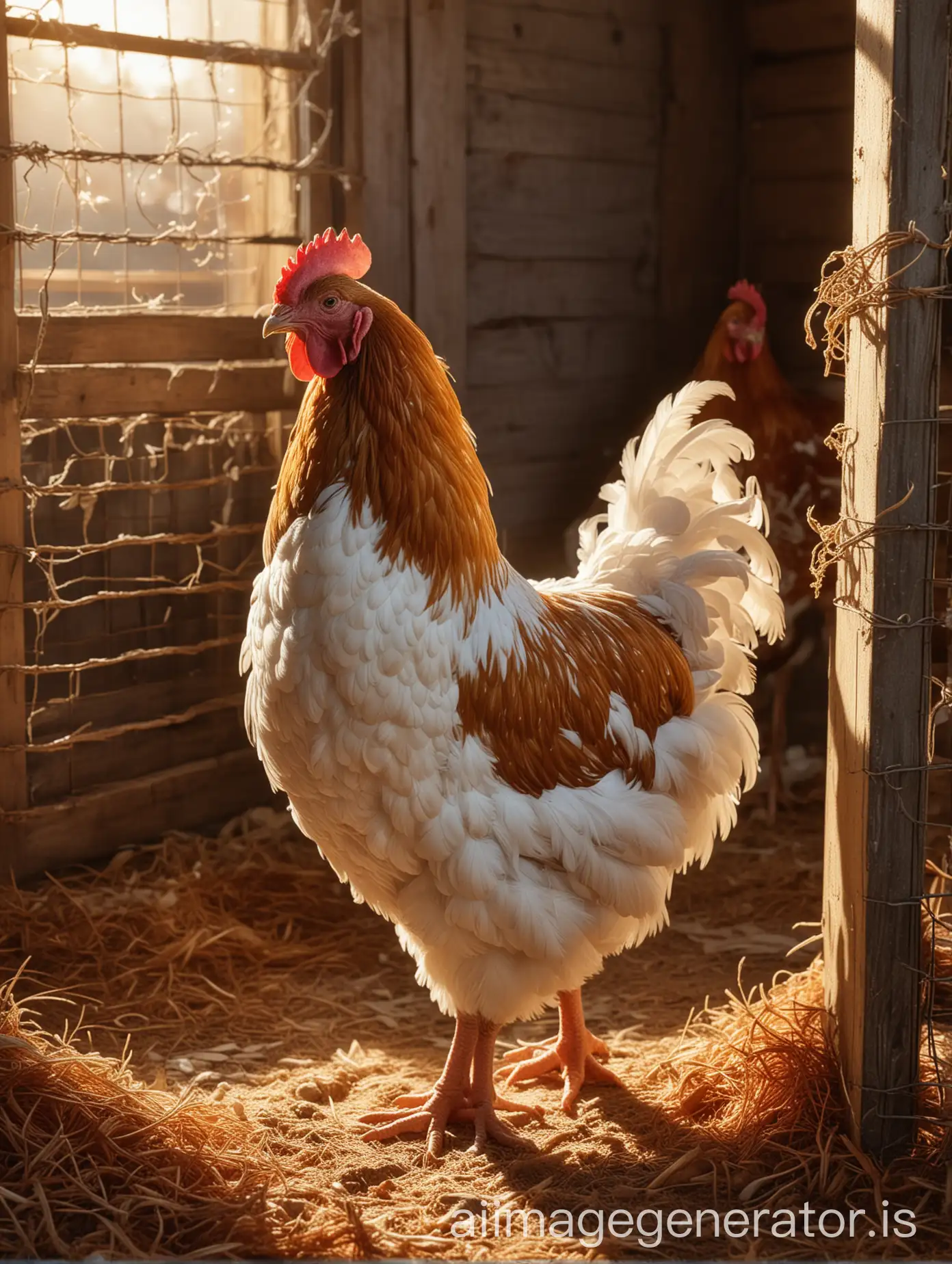 White-Hen-Standing-in-Sunlit-Coop-with-Chicken-Wire-and-Grains-on-Ground