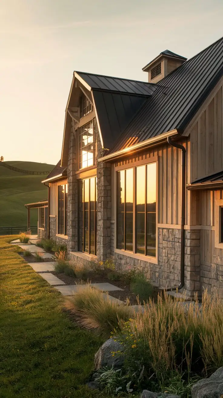 Cinematic-Wide-Shot-of-a-Beautifully-Renovated-Barn-House-at-Golden-Hour