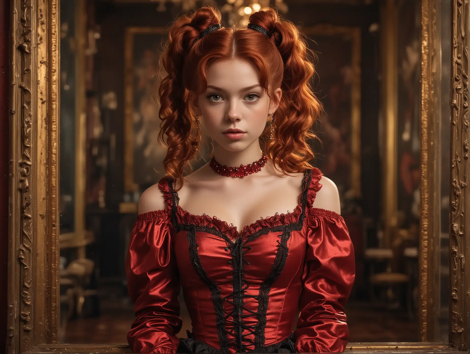 tween heart-shaped head, deep-set eyes, snub nose, soft chin, slim jaw, tall and statuesque girl with six pack, (medium breasts), glossy skin, ((intricate red hair, loose curls hairstyle in double bun with highlights)),  ((shiny plastic boots)), ((feet in frame)), sitting inside a grand Victorian-era ballroom, chandeliers, gilded mirrors, (vibrant hues, gritty urban documentary style), dynamic lighting, 75mm, Technicolor, Panavision, cinemascope, sharp focus, fine details, 8k, HDR, realism, realistic, key visual, film still, superb cinematic color grading, depth of field
