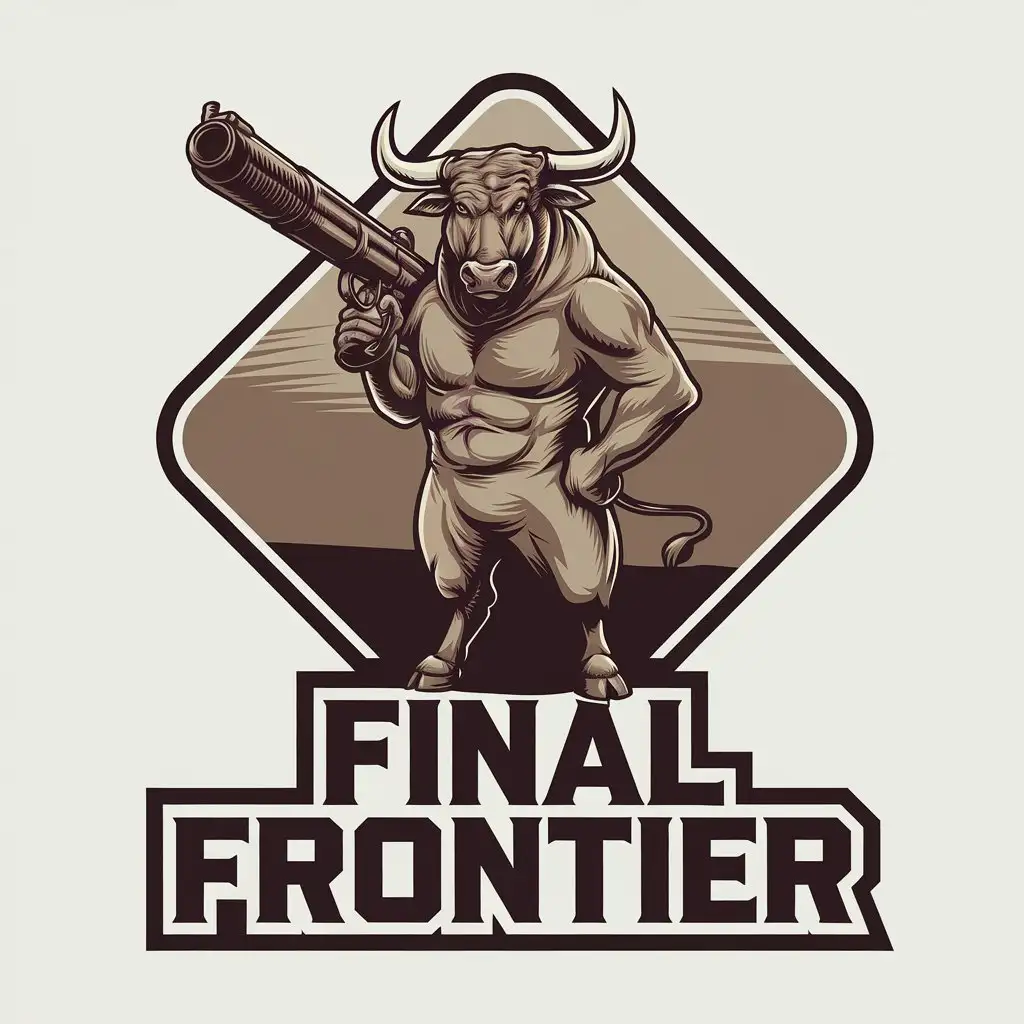 LOGO Design for Final Frontier Standing Bull with Bazooka Gun on Clear Background