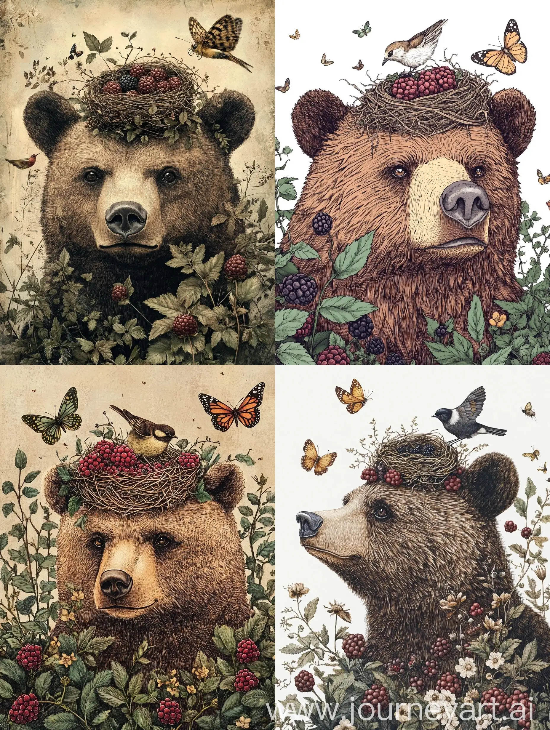 Bear-with-Birds-Nest-Hat-Surrounded-by-Butterflies-and-Berries