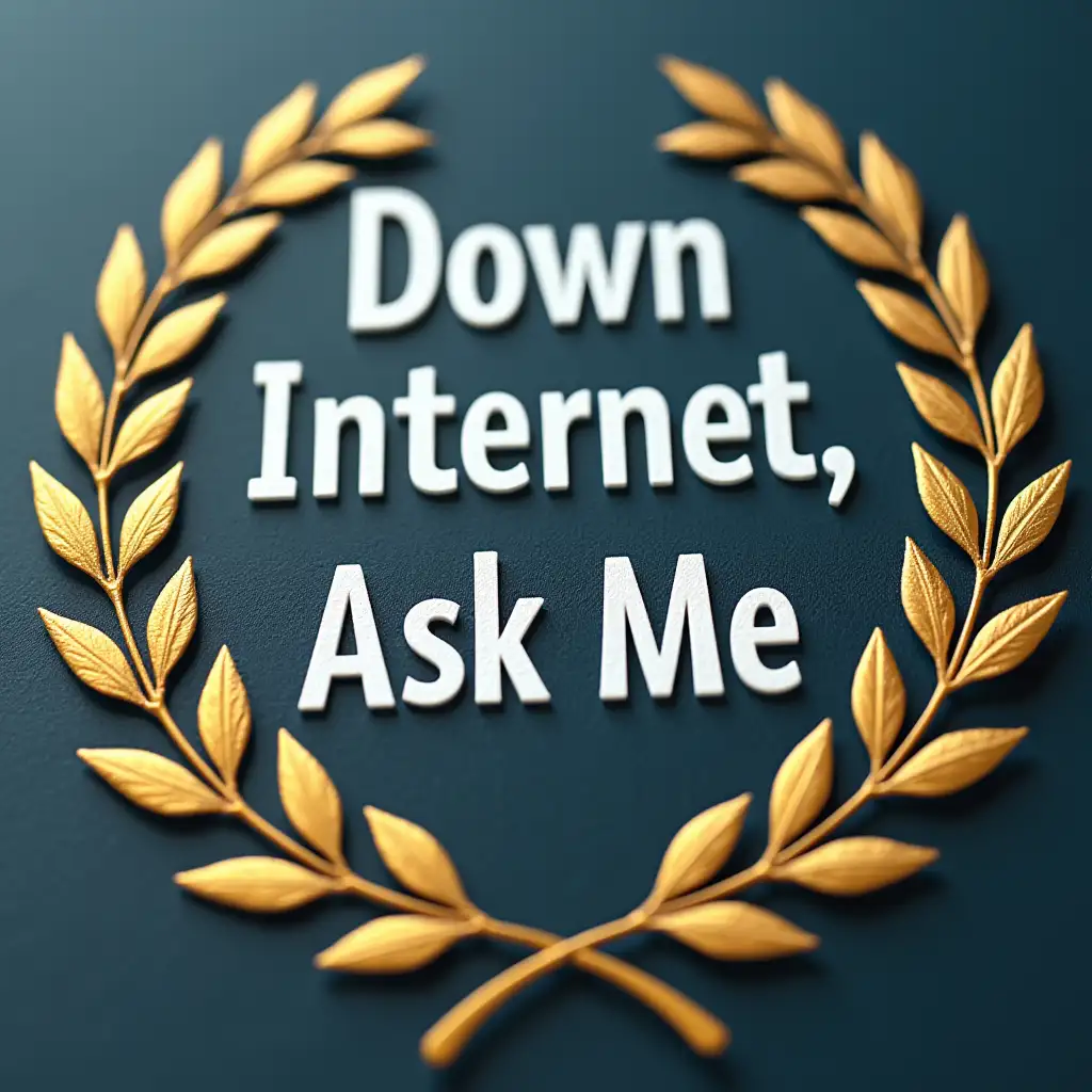 close-up of the phrase 'Down Internet, Ask Me' on the background of a laurel wreath