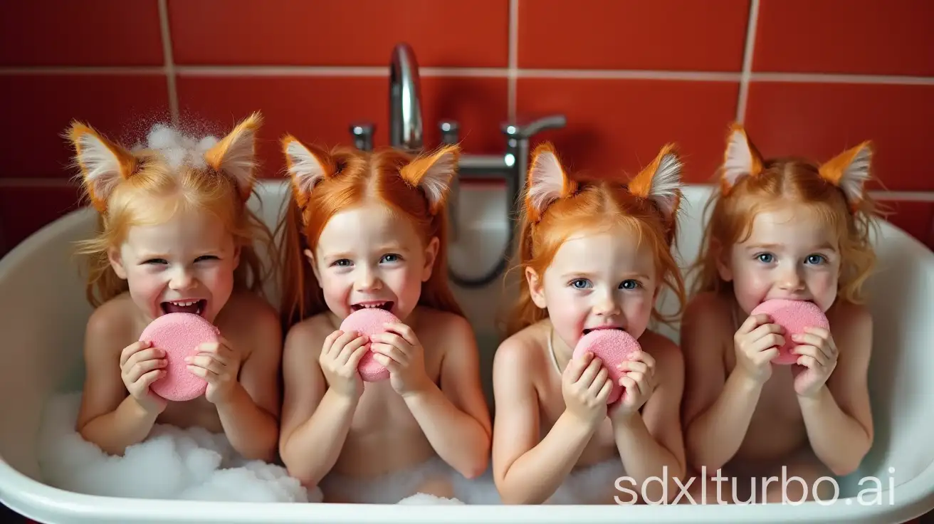 Mother-Washing-Four-Redhead-Daughters-in-a-Preschool-Bathtub-with-Pink-Soap-and-Foam