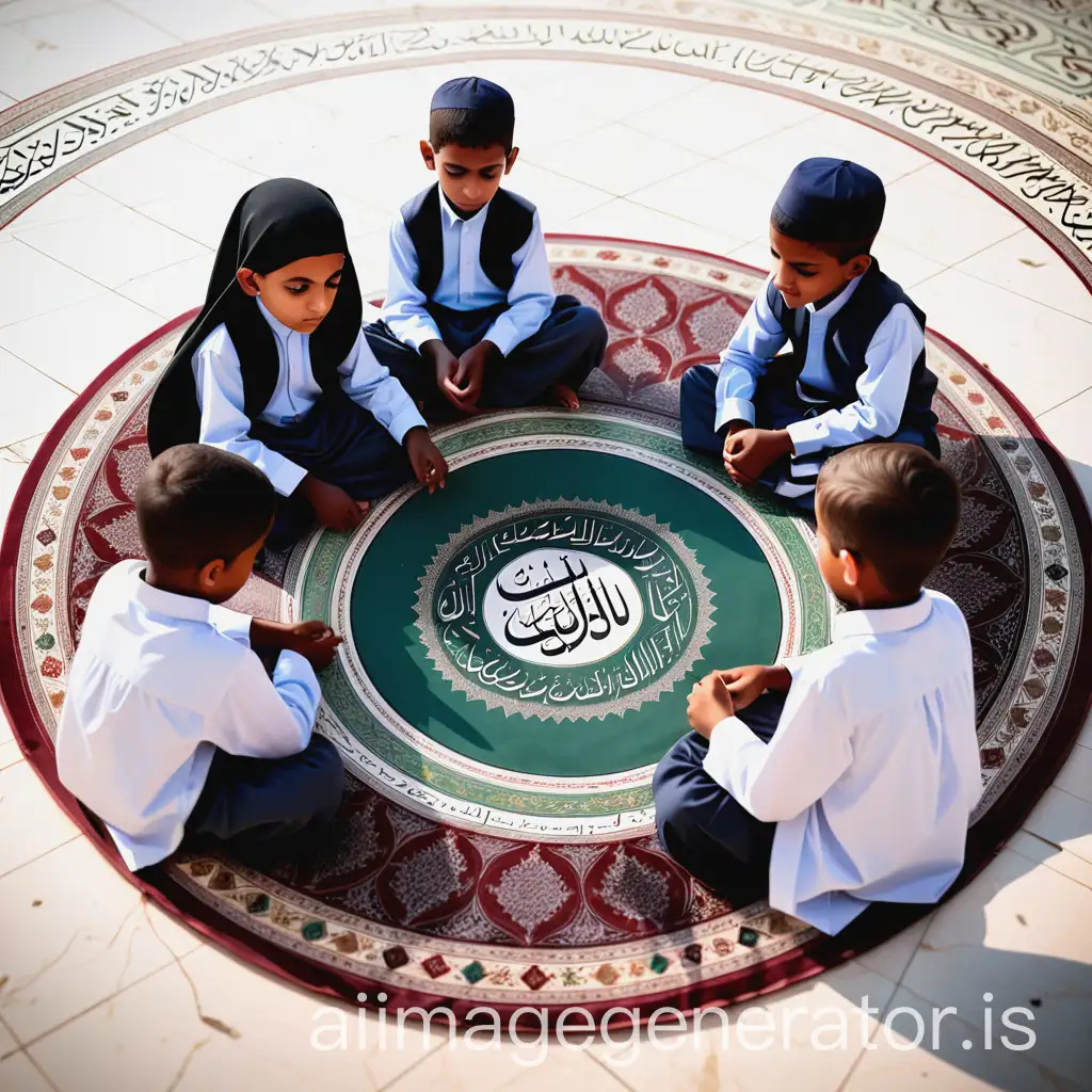 a group of 4 unclear children preserving the quran in a circle