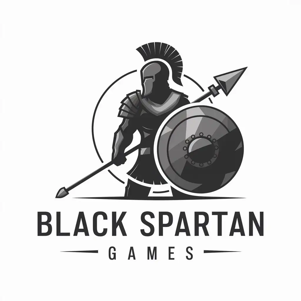 LOGO Design For Black Spartan Games Black Spartan Warrior with Shield and Spear in Vector Style