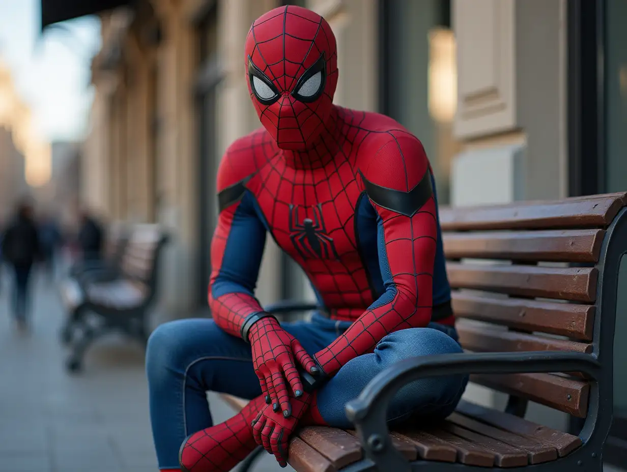 Spiderman sits on a bench in jeans