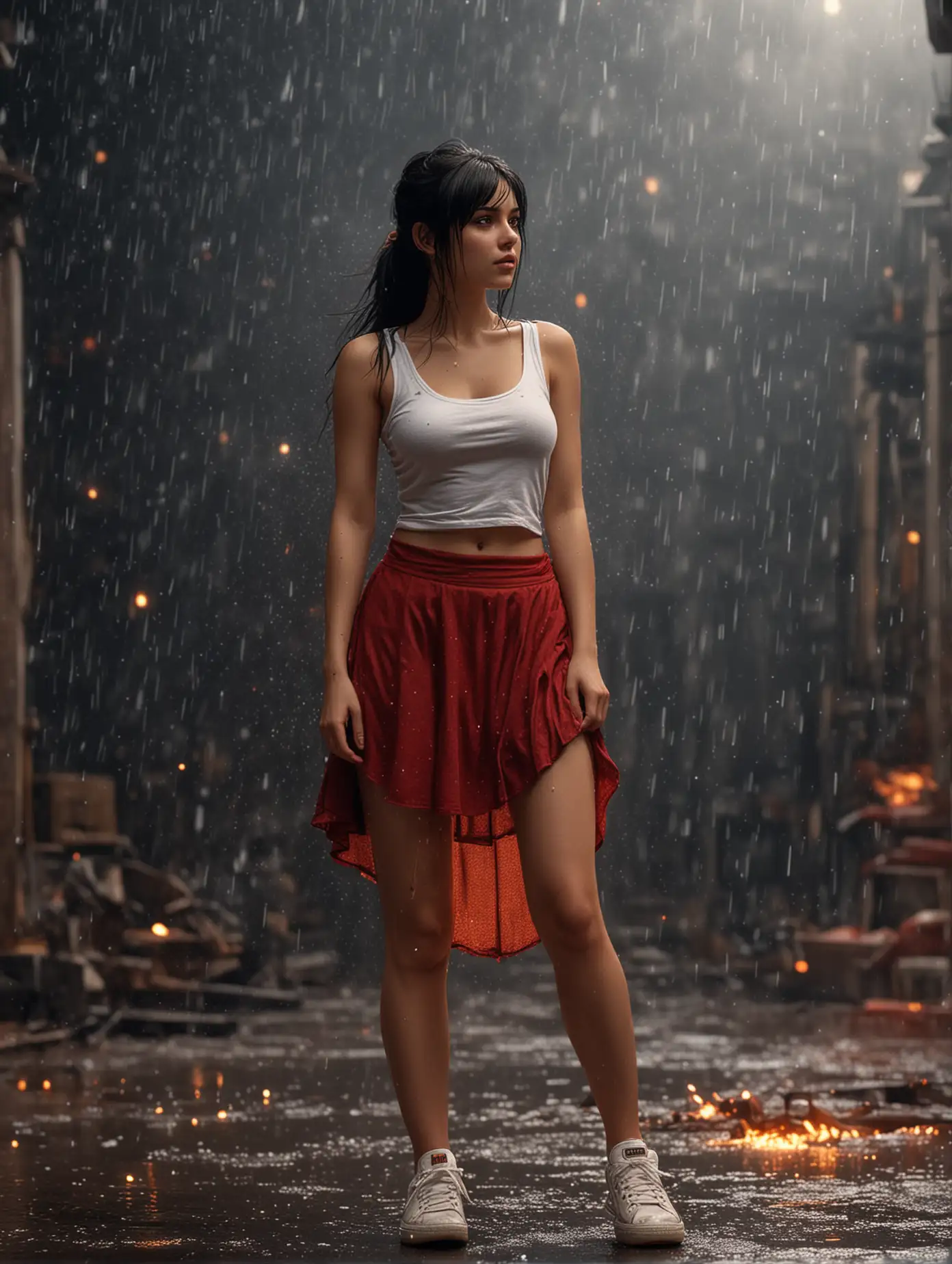 Person-in-White-Tank-Top-and-Dark-Red-Skirt-Standing-in-Golden-Sparkling-Rain-with-Fire-in-Background