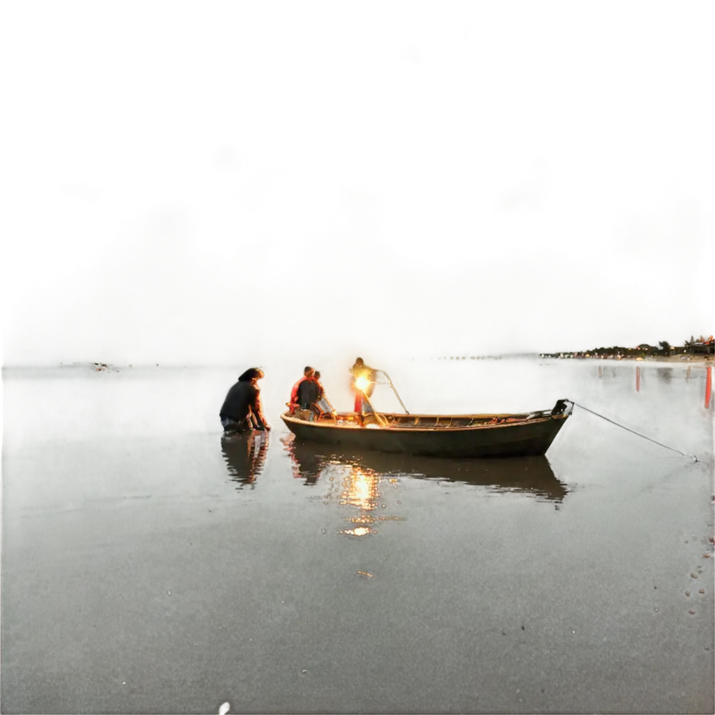 Scene of people pulling fish from a small boat on the beach in the late evening with lights shining