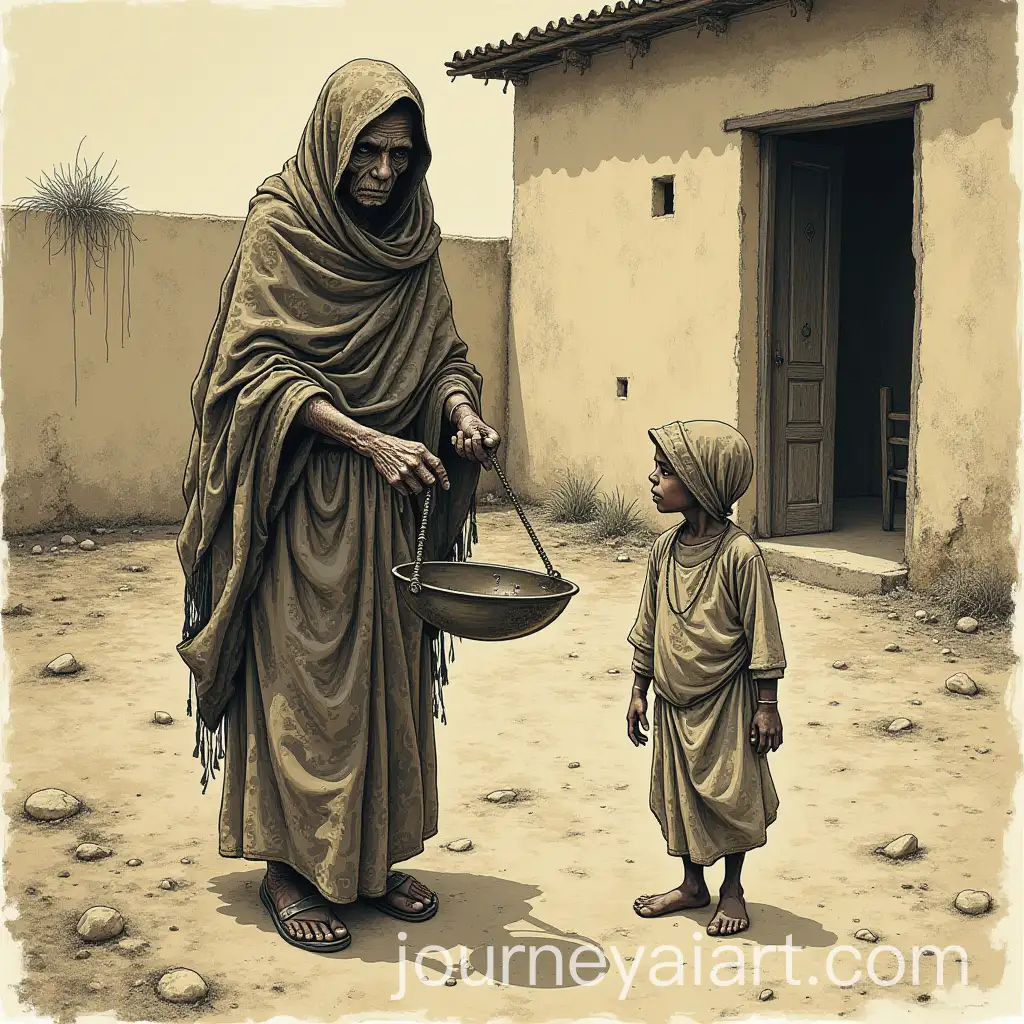 Gaunt-Blind-Old-Woman-and-Her-Son-in-Rajasthani-Village-Edward-GoreyStyle-Illustration
