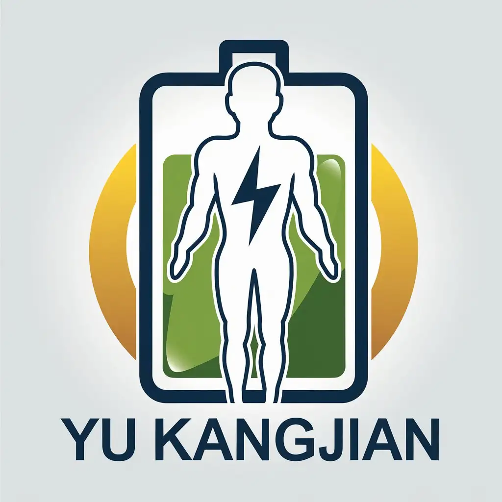 a vector logo design,with the text "Yu Kangjian", main symbol:The outline of a human figure represents the body, a fully charged battery represents health, and the human figure outline is charging in the battery.,Moderate,clear background